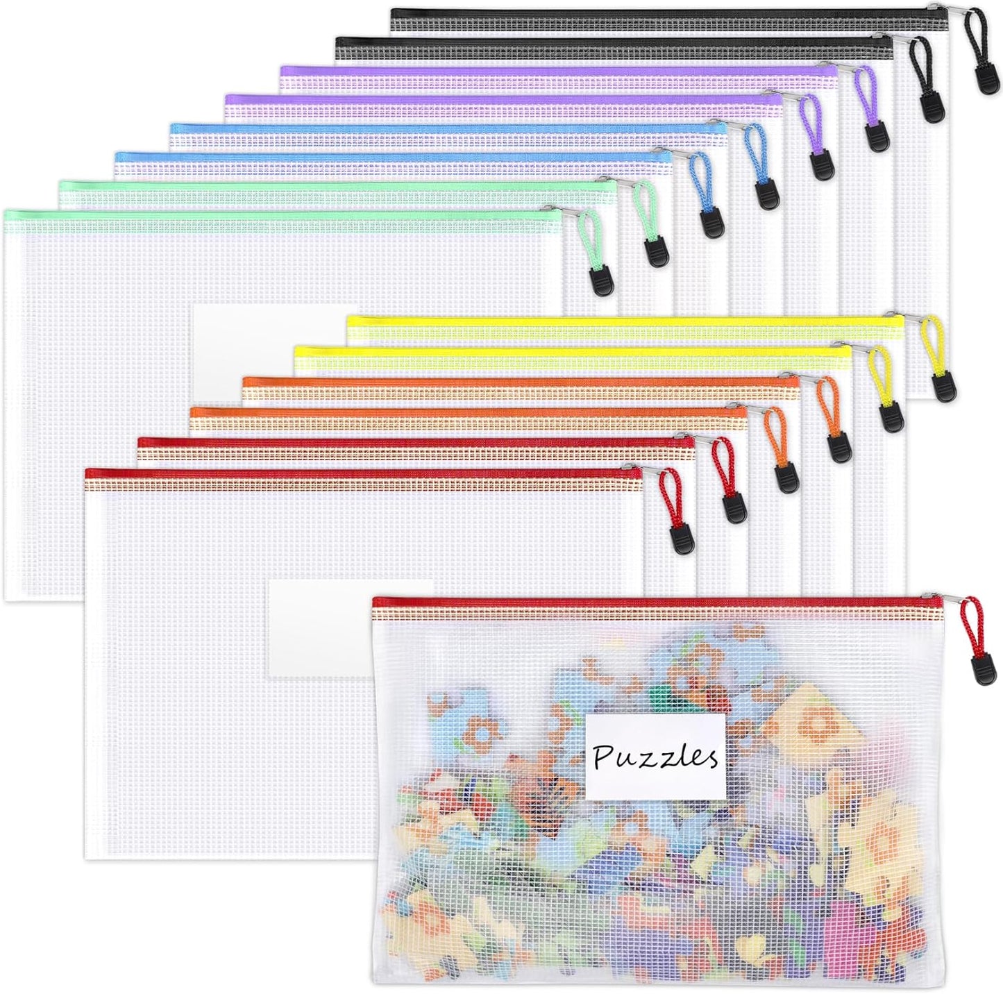 Sooez 14 Pack Mesh Zipper Pouch Bags, A4 Letter Size, Zipper Bags with Label Pocket, Waterproof Pouches for Classroom Organization, Board Game Storage, Document Bag for Teacher School Office Supplies