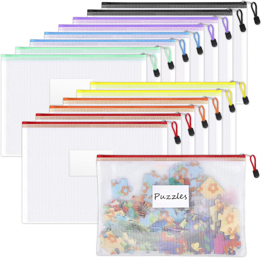 Sooez 14 Pack Mesh Zipper Pouch Bags, A4 Letter Size, Zipper Bags with Label Pocket, Waterproof Pouches for Classroom Organization, Board Game Storage, Document Bag for Teacher School Office Supplies