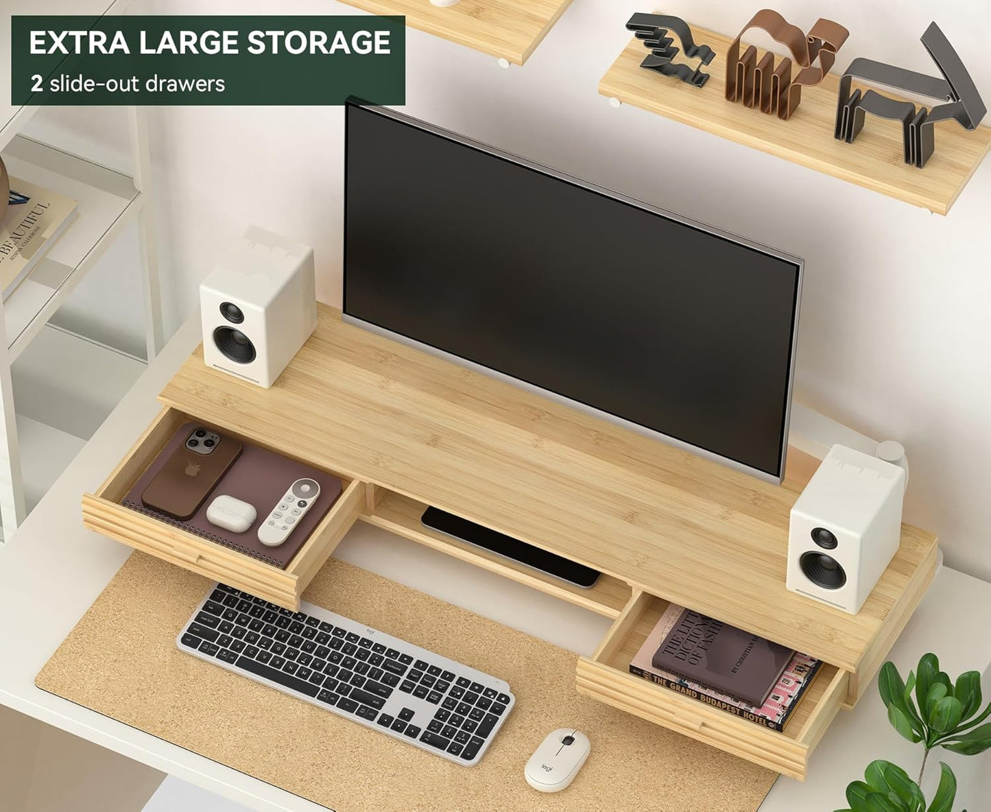 Bamboo Monitor Stand with Drawer - Desk Organizer with Cable Management & Storage, Ergonomic Laptop Riser for Home Office (220lbs Capacity, 39 inch ,Natural)