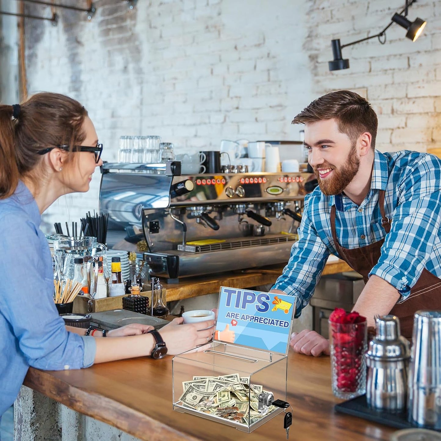 Polmart Clear Donation Box with Lock - Secure Ballot Box with Removable Sign Holder 2 Keys - for Money, Cards, Votes, Tickets, Feedback Collection (4.75"D x 6.29"W x 8"H)