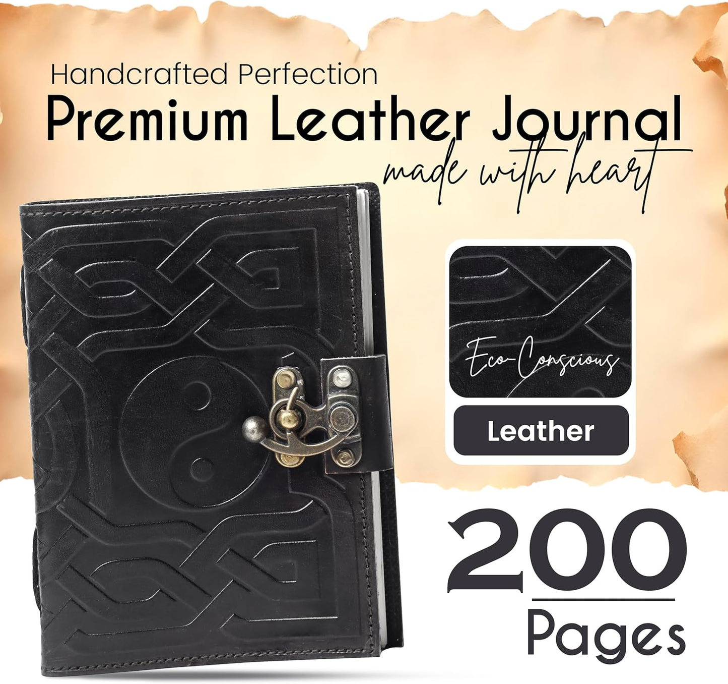 Yin & Yang Vintage Leather Journal with Antique Clasp Lock – 200 White Page Antique Deckle Edge Leather Bound Notebook – 5"X7" Notebook Journal for Writing, Drawing, Home, Office, Travelling (Black)