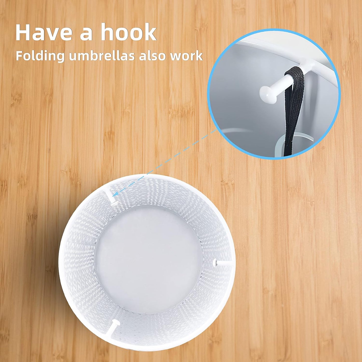 Umbrella Stand Rack for Entryway, Free Standing Metal Umbrella Holder, Round Umbrella Organizer Bin with 3 Hooks for Long Short Umbrella, Walk Stick, Home Office Indoor, 17 x 7 Inch, White