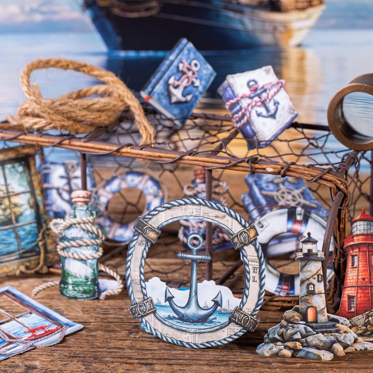 60 Pieces Vintage Maritime Themed Cardstock Cutout Frame Stickers, Aesthetic Scrapbook Stickers for DIY Diary Junk Journal Handbook Album Decoration Label Sticker Journaling Scrapbooking Supplies