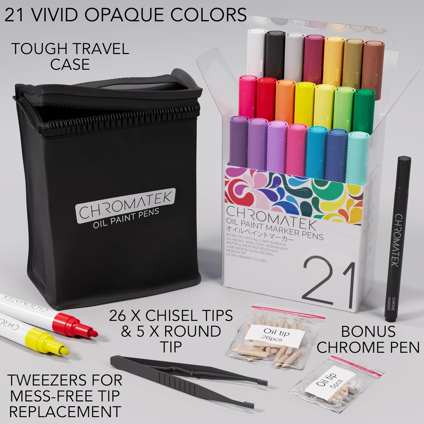 CHROMATEK Dual Tip Oil Based Paint Markers - 21 Colors Permanent Paint Pens for Rock Painting, Canvas, Glass, Wood, Stone & DIY Art Supplies - Quick Drying Waterproof Pen with Video Tutorials & Ebook