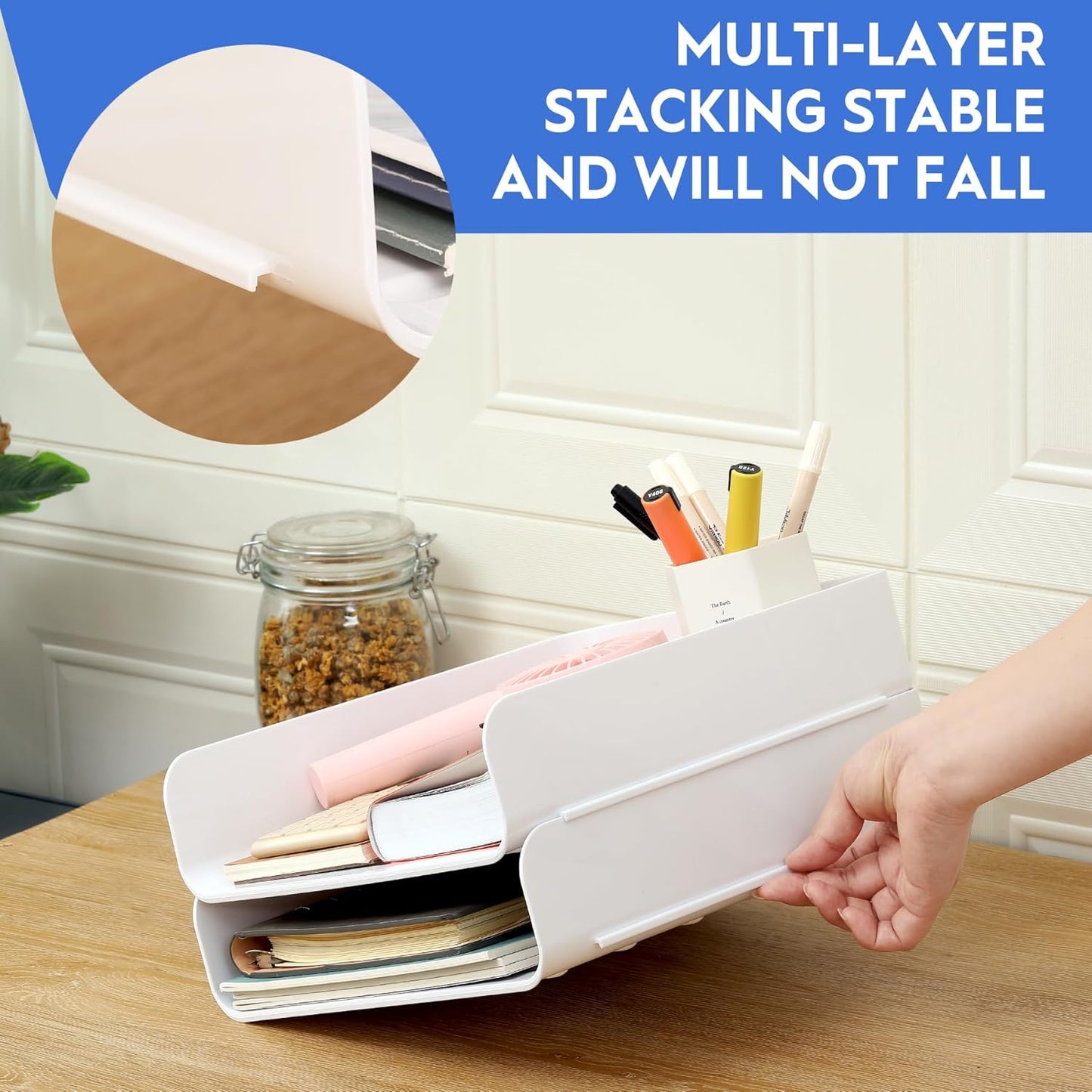 Letter Tray, Set of 2 Office Organization and Storage, PET Letter Tray Desk Organizer, Stackable Document Organizer for Notes, Pens, File Paper, Desk, White