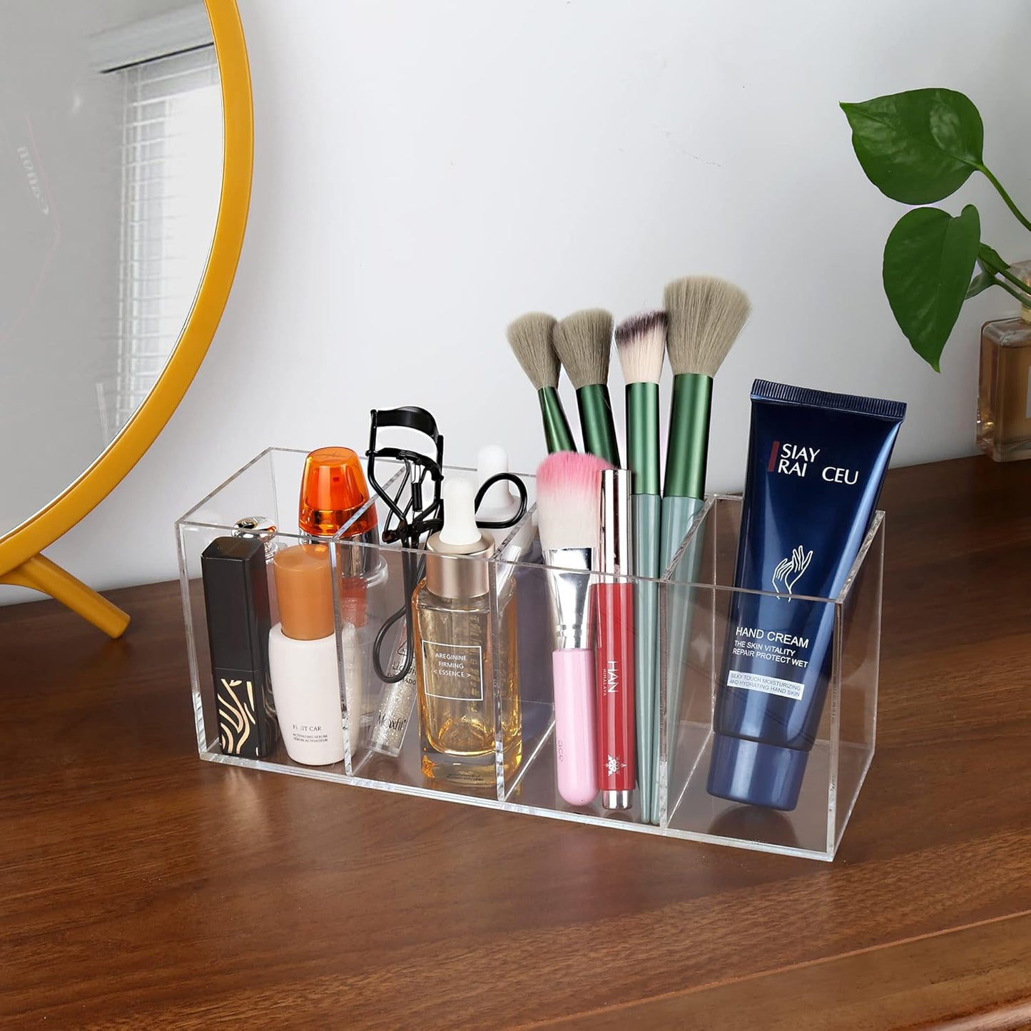 Clear Acrylic Pen Holder Handmade, 4 Slot Pencil Organizer Countertop, Pencil Stationery Organizer for Office Accessory, Makeup Cosmetic Brushes Storage, Clear Vanity Organizer for Bathroom (Clear)
