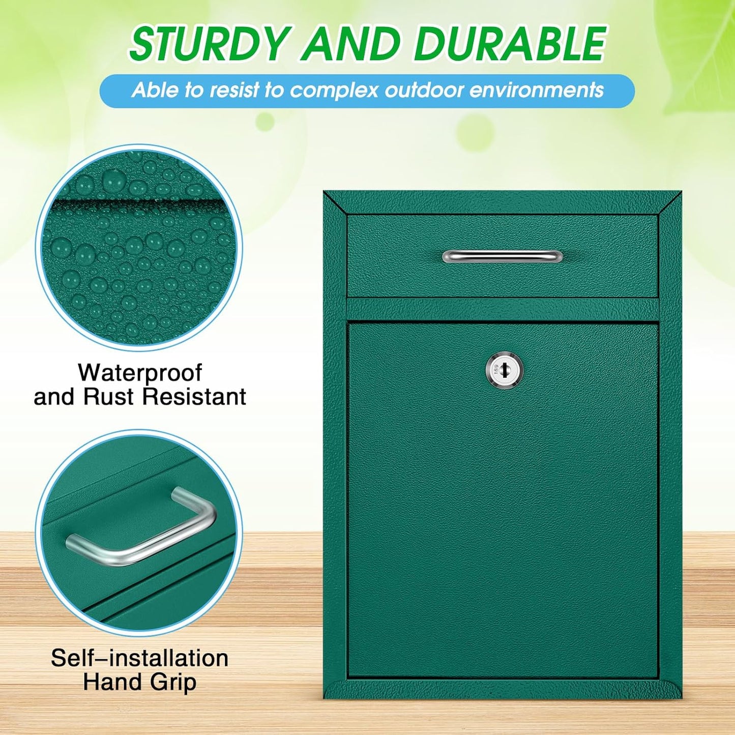 Locking Mailbox with Key for Outdoor 12.2 x 8.5 x 3 Inches Large Wall Mount Mail Box with Lock Security Mail Drop Metal Collection Boxes Hanging Secure Postbox(Green)