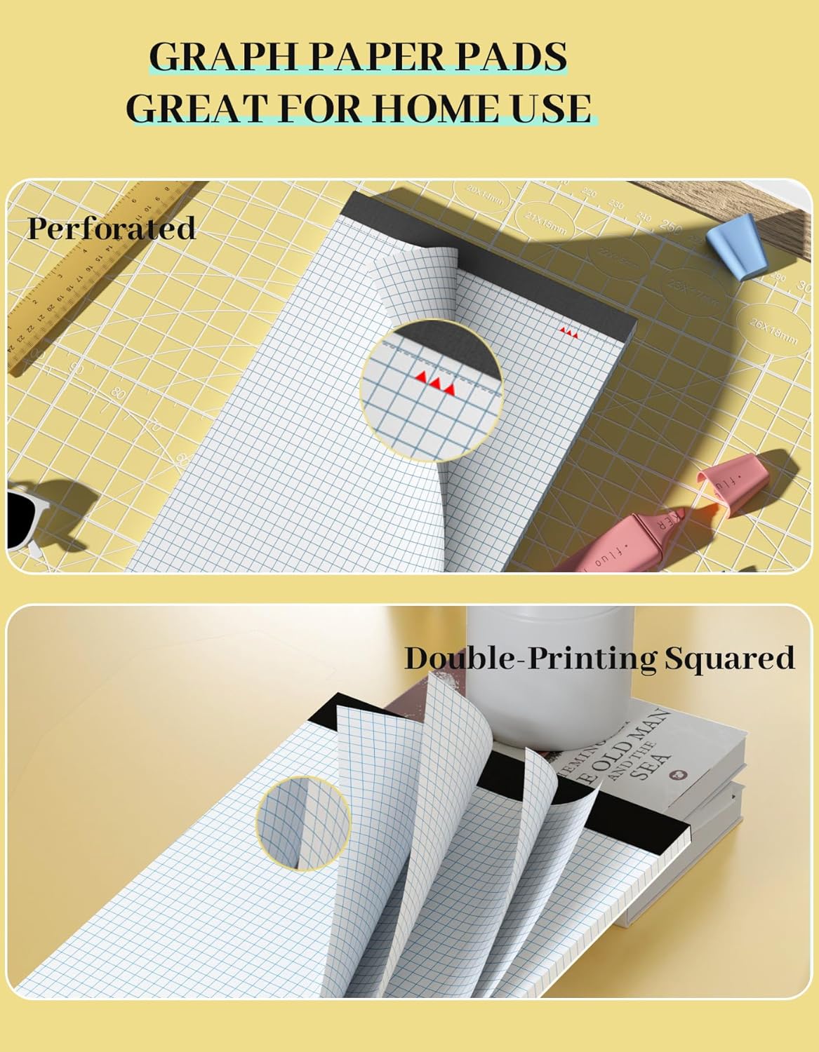 Graph Paper Pads 8.5 x 11, 4x4 Quad Ruled, 3 Pack Grid Paper Pad 8.5 x 11, 30 Sheets Perforated Blueprint Quadrille Letter Size Graphing Notebook for Drafting, Drawing, Engineering