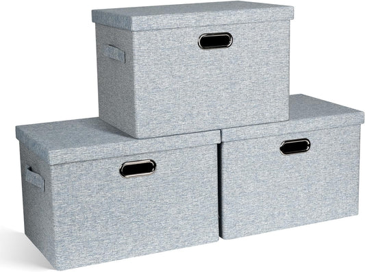Large 17" 36 Quart Collapsible Stackable Storage Bins with Lids, 3 Packs Blue-Grey Linen Fabric Closet Boxes with Lids, Storage Cube Baskets Container Organizers for Bedroom (17x12x11)