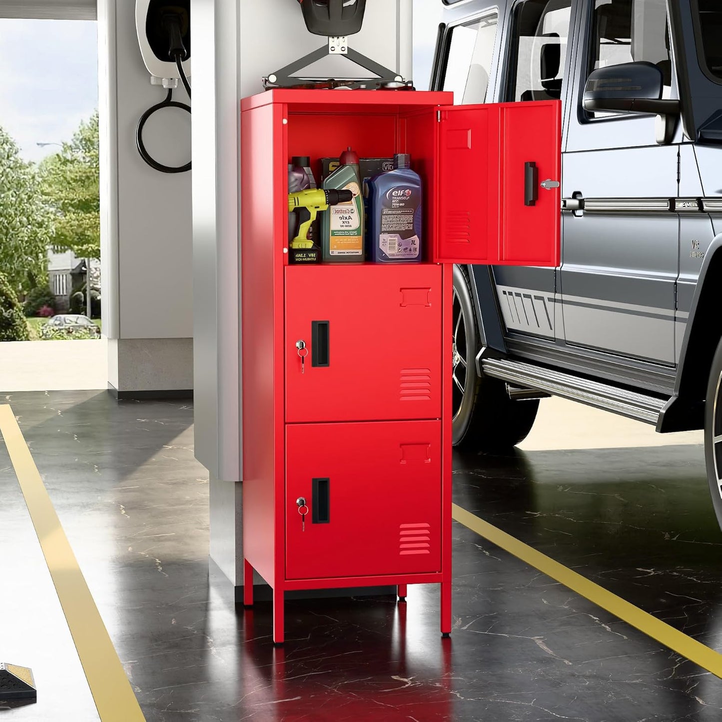 Metal Storage Locker with Ventilation Holes, Metal Storage Locker with Lock and Card Slof for Children Room, School, Office, Home,47.3" H x 15.8" W x 15.8" D,Assembly Required,Red