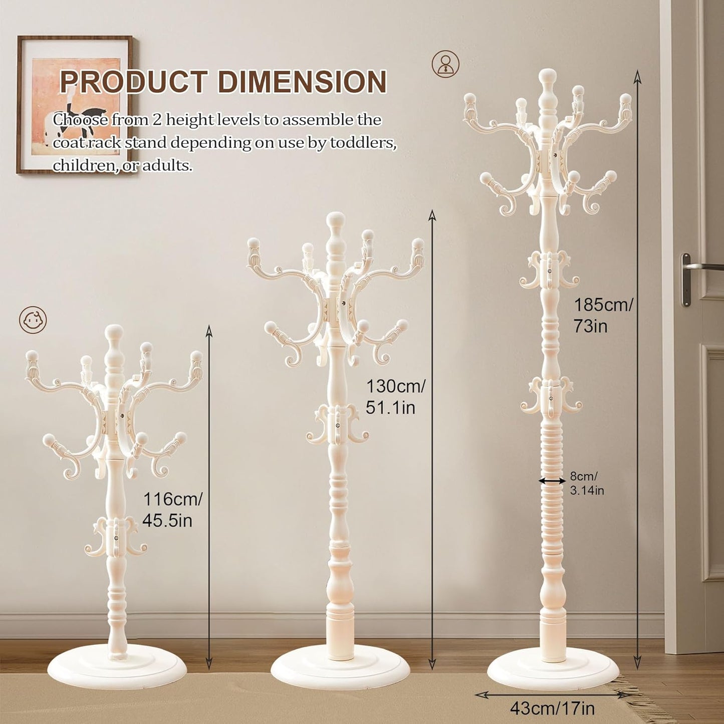 Solid Wood Coat Rack Stand with 18 Hooks, Vintage Coat Rack Freestanding with Heavy Duty Base, 3 Adjustable Height Coat Hanger Stand Hall Tree Fits Entryway Bedroom Office for Coat,Bag,Hat