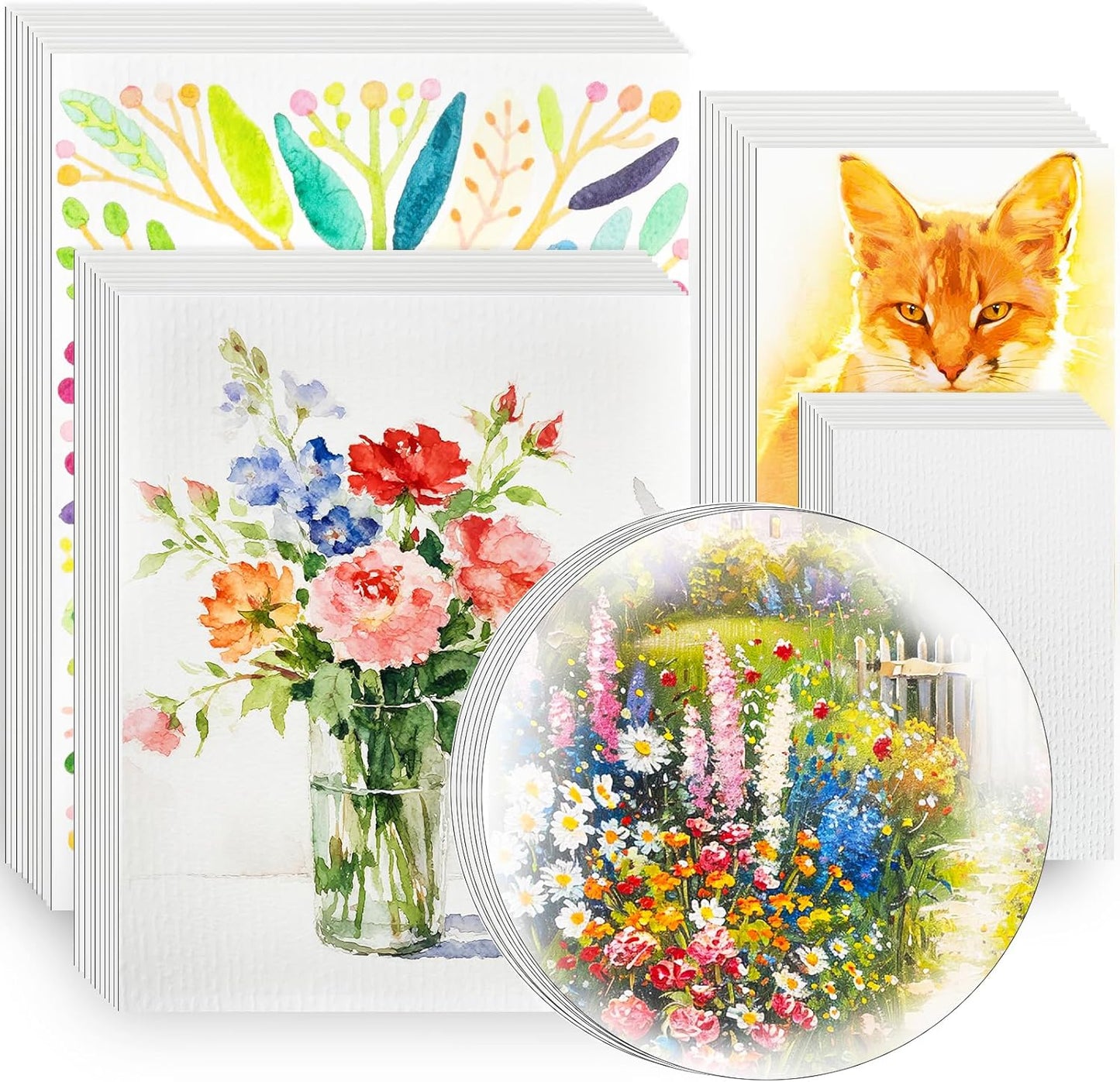 50 Sheets Watercolor Paper Bulk, 4"X6", 5"x7",8" x 8"，8" x 10",9" x 12",Each 10 Sheets.140 lb/300 GSM Water Color Paper for Kids Adults.Watercolor Drawing Paint Paper for Art Drawing Supplies