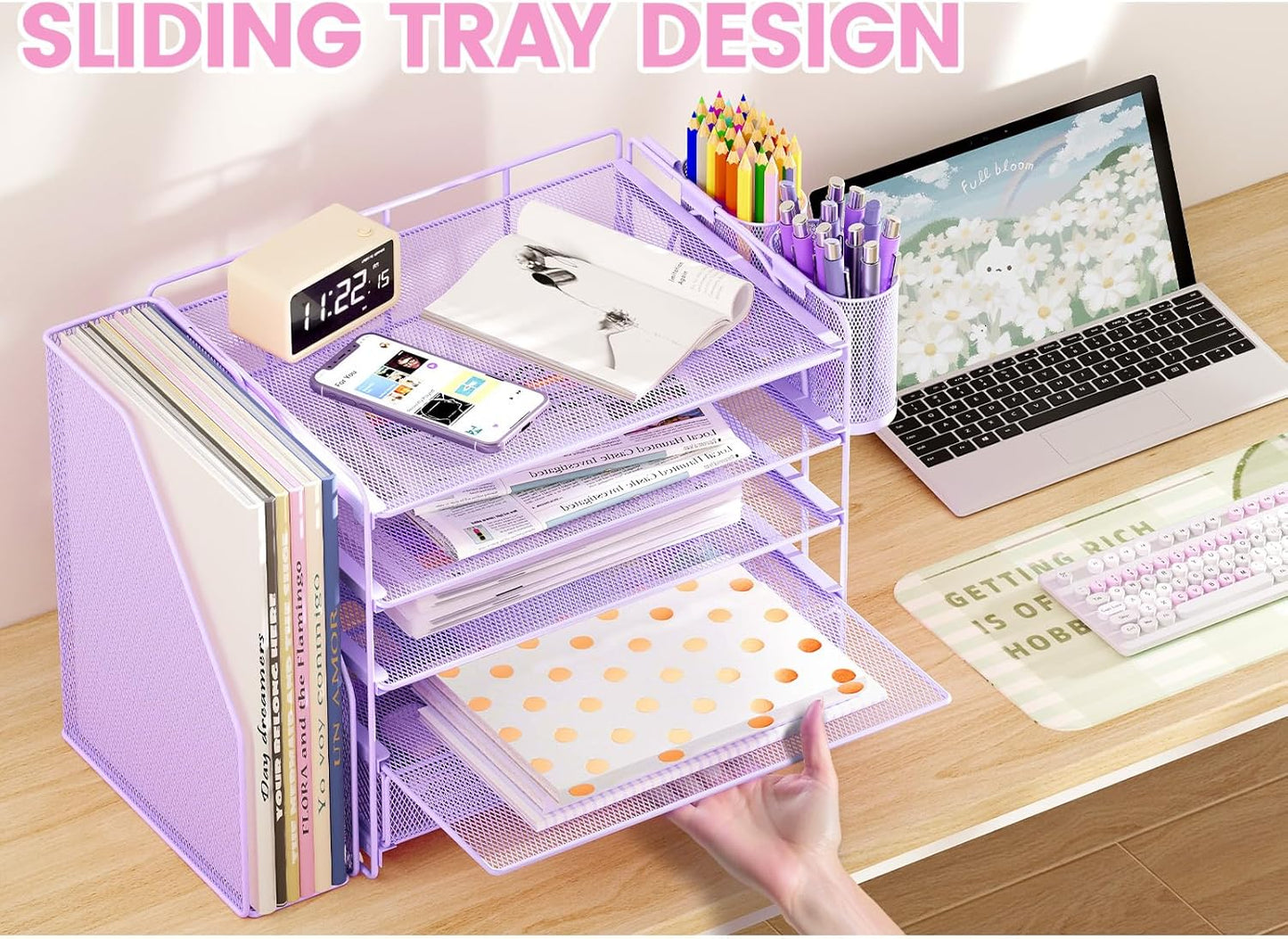 Desk Organizers and Accessories, 5-Tier Paper File Organizer with Drawer & Pen Holder, Office Desk Accessories Workspace Desktop Organizer for Office Supplies((Purple)