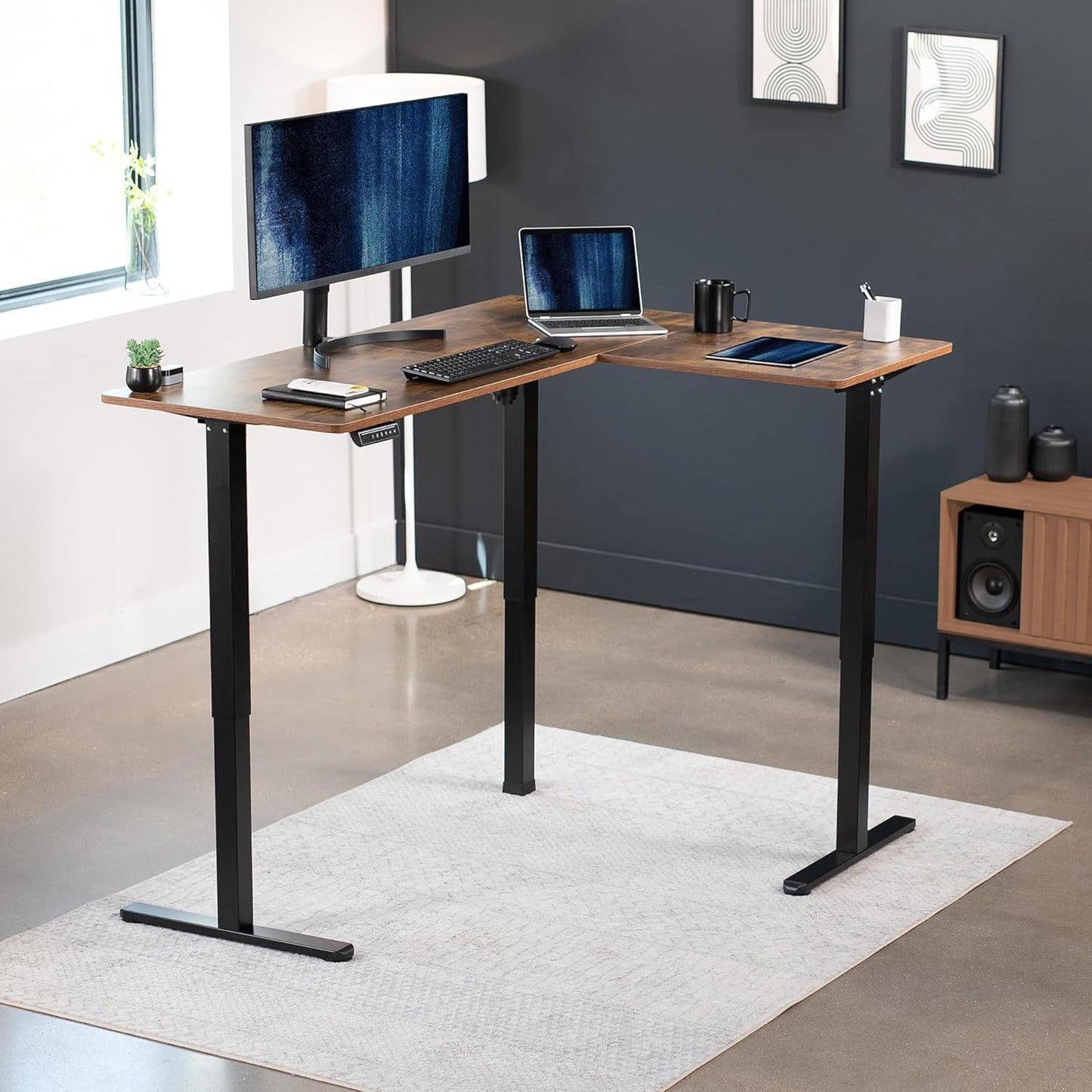 VIVO Electric Corner L-Shaped 63 x 47 in Rustic Standing Desk, Memory Height Adjustment, Vintage Brown Top Black Frame, DESK-E3CTN-47