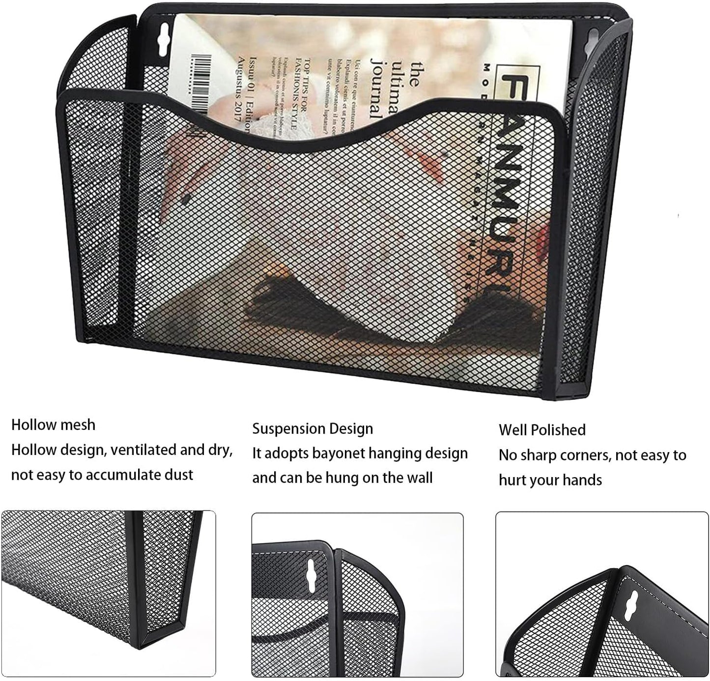 3 Pack Wall File Organizer, Mesh Hanging Metal Vertical Wall Mounted File Holder for Office/Home