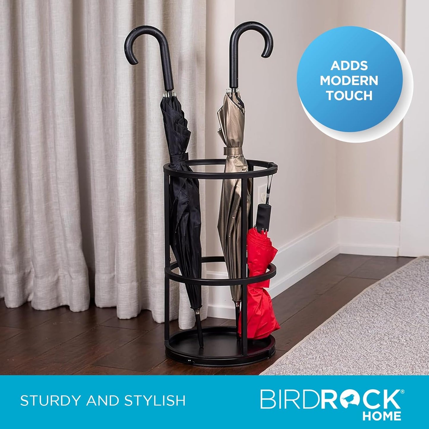 BIRDROCK HOME Circular Umbrella Holder with Removable Drip Tray - Stand for Umbrellas - Entryway - Decorative Metal Freestanding Rack Organizer - Cane Walking Stick Holder - Black