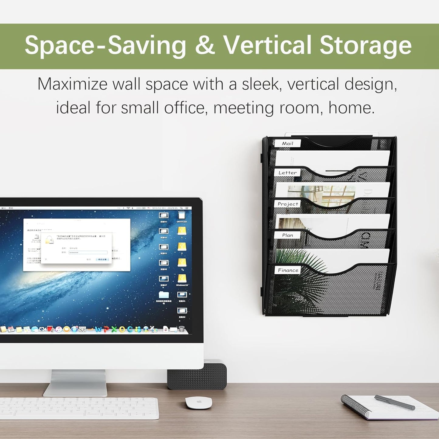 EasyPAG Wall File Holder Organizer 5 Pocket Mesh Hanging Wall Mounted Document Paper Folder Filing Magazine Rack with Nametag Label for Office Home School, Black