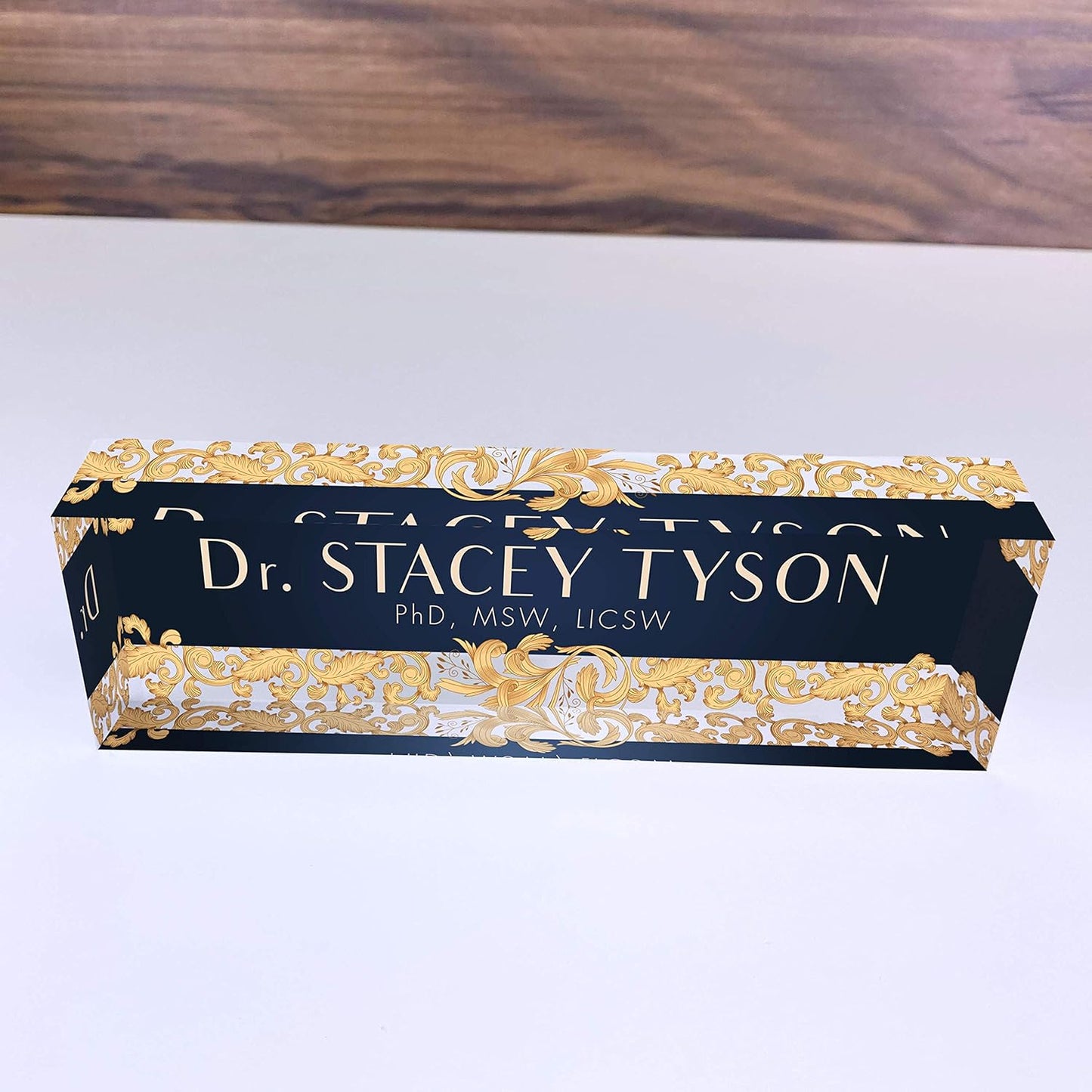 Artblox Office Desk Name Plate Personalized | Custom Name Plates For Desks | Leaf Gold Design On Clear Acrylic Glass | Cute Office Desk Accessories Customized Gifts - (8" x 2.5")