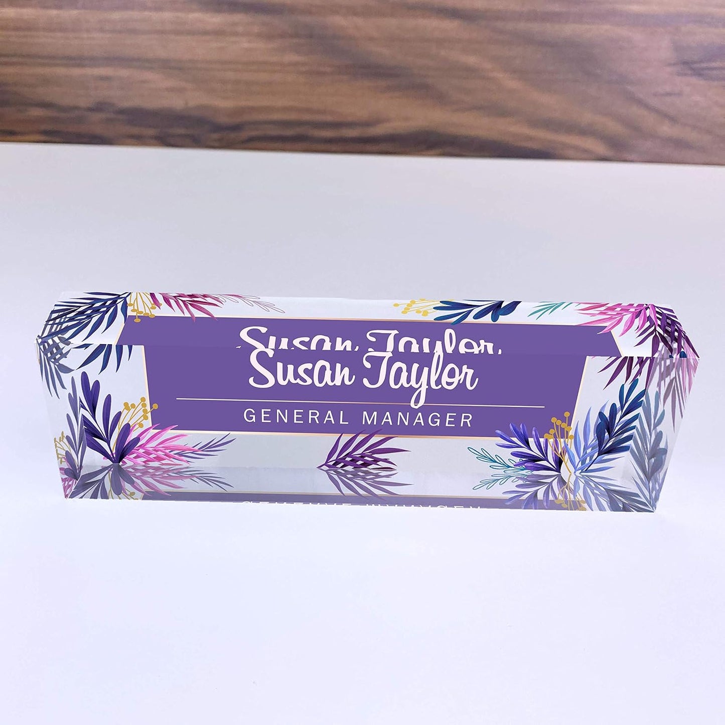 Artblox Office Desk Name Plate Personalized | Custom Name Plates for Desks | Purple Leaf Design On Clear Acrylic Glass | Office Desk Decor - (8" x 2.5")