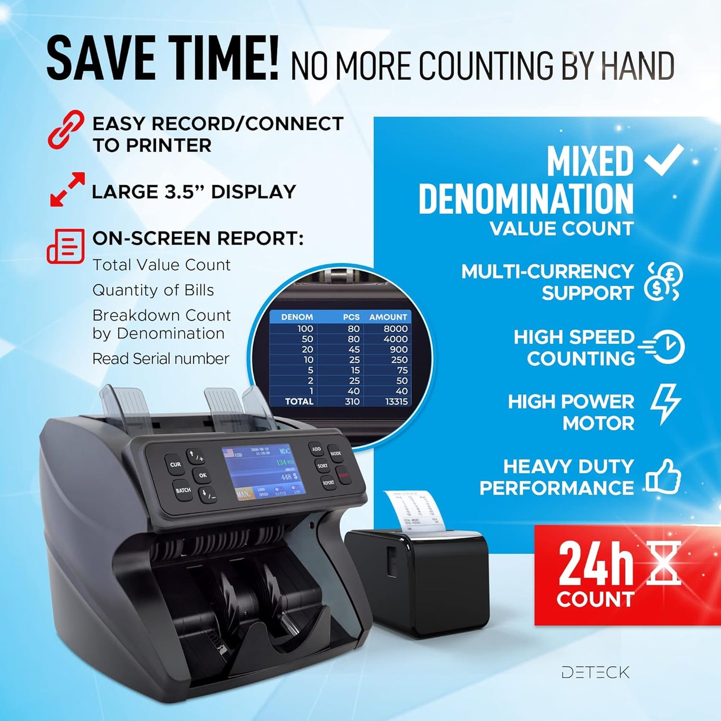 DETECK DT600 Bank Grade Money Counter Machine Mixed Denomination, Value Counting, Multi Currency, Bill Cash Counter 2CIS/UV/IR/MG/MT Counterfeit Detection, Serial Number, Printer Enabled