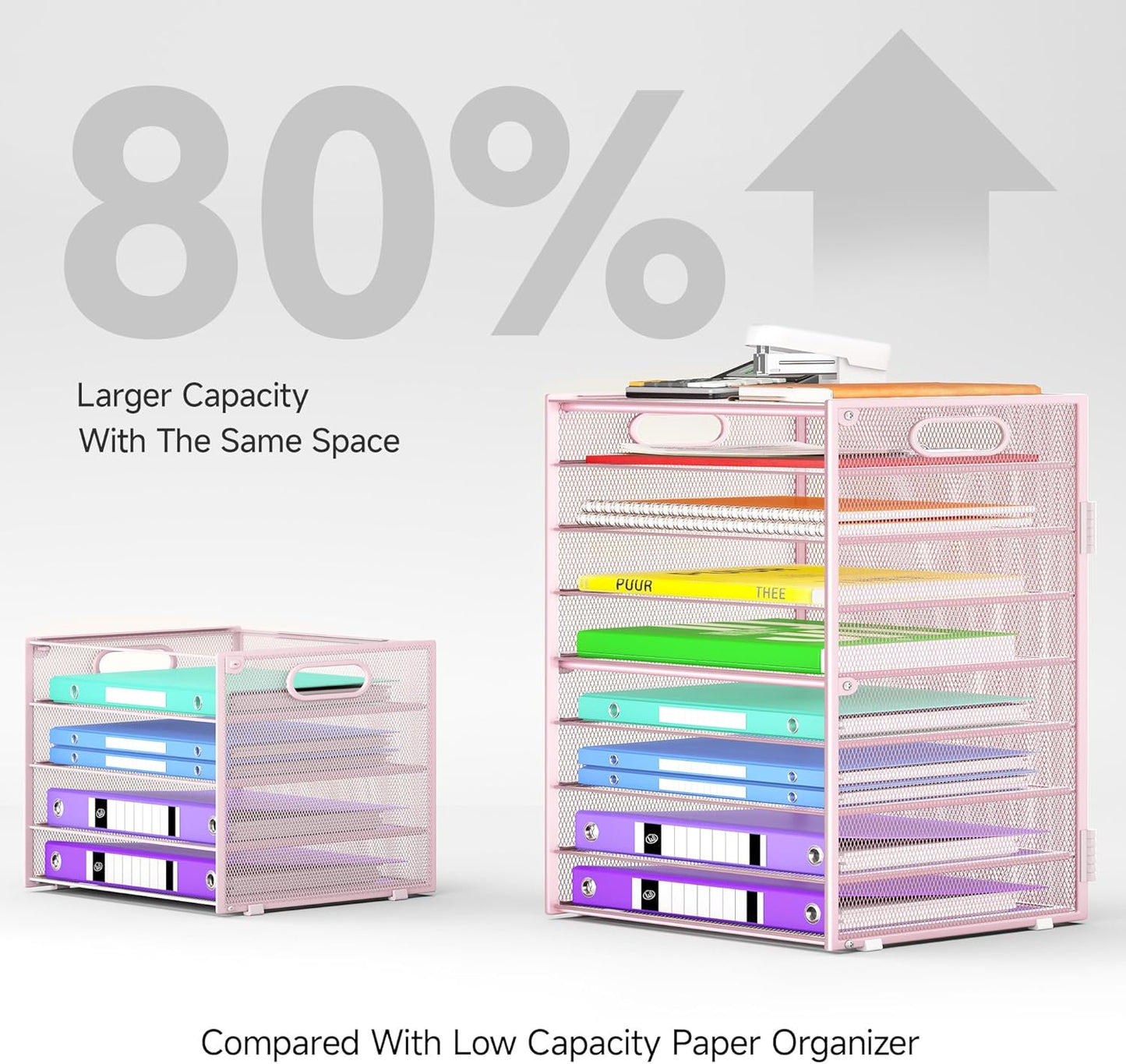 9 Tier Paper Organizer with Handle, Large Capacity Desk Organizer Mesh Paper Letter Tray File Folder Document Sorter for Classroom and Office Accessories Organization- Pink (2 Pack)