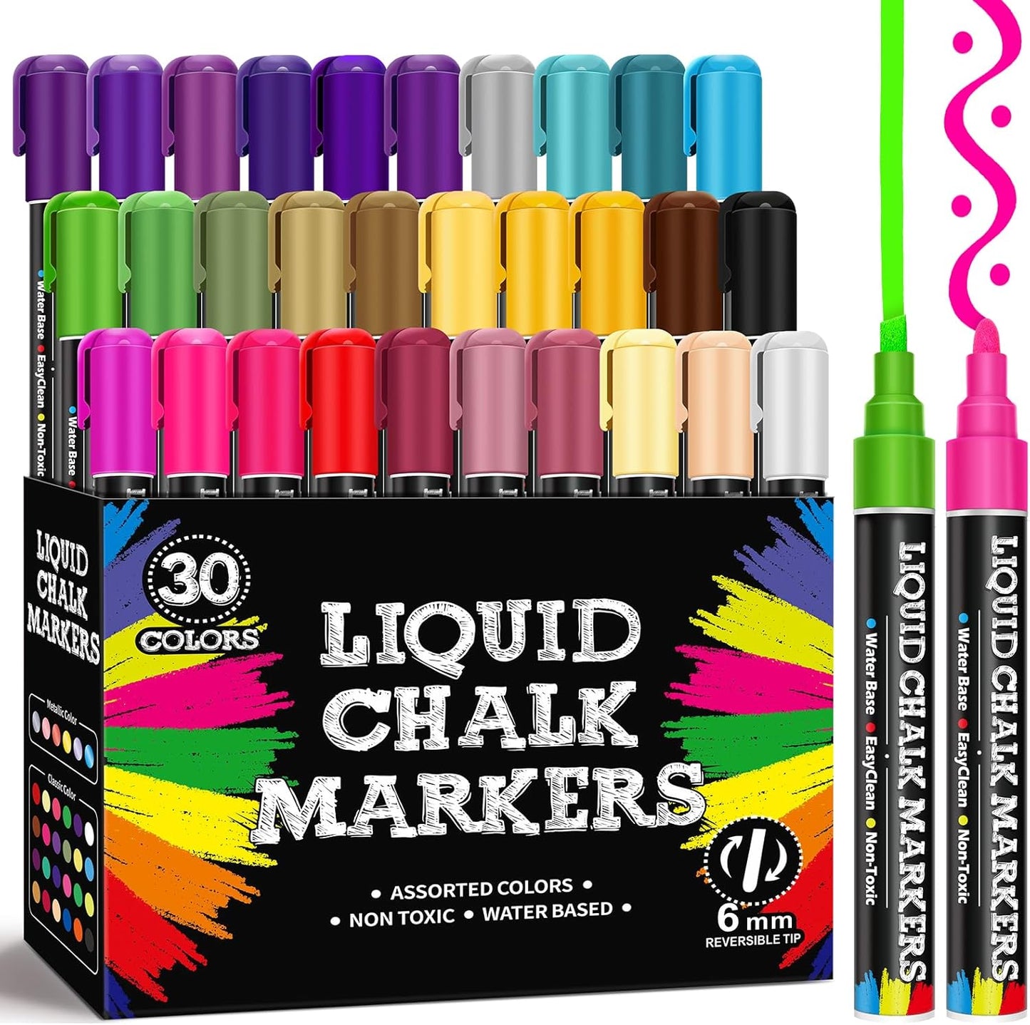 30 Pack Liquid Chalk Markers for Blackboard, Dry Erase Markers Pens for Chalkboard Calendar Window Car Glass, 6mm Reversible Tip, Dust-Free Chalk Pens for School Kids Bistro Businesses Restaurants