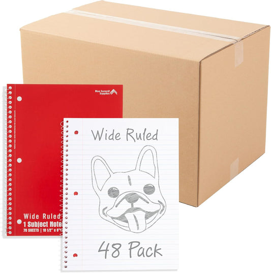Blue Summit Red Wide Ruled Spiral Notebooks Bulk, 1 Subject Spiral Notebook Wide Ruled, Paper School Bulk Notebooks, 48 Pack