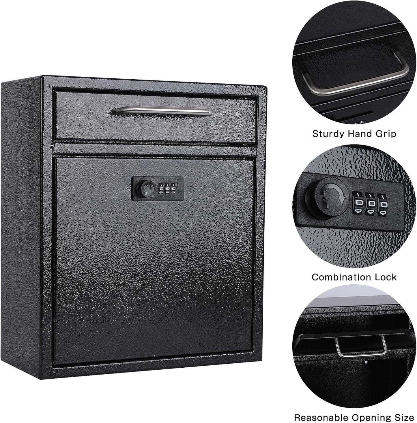 xydled Wall-Mount Mailboxes with Combination Lock, Steel Combination Lock Mail Boxes Outdoor, Locking Wall Mount Mailbox, Security Key Drop Box, 13.4H x 11.6L x 5.8W Inches, Black, Large