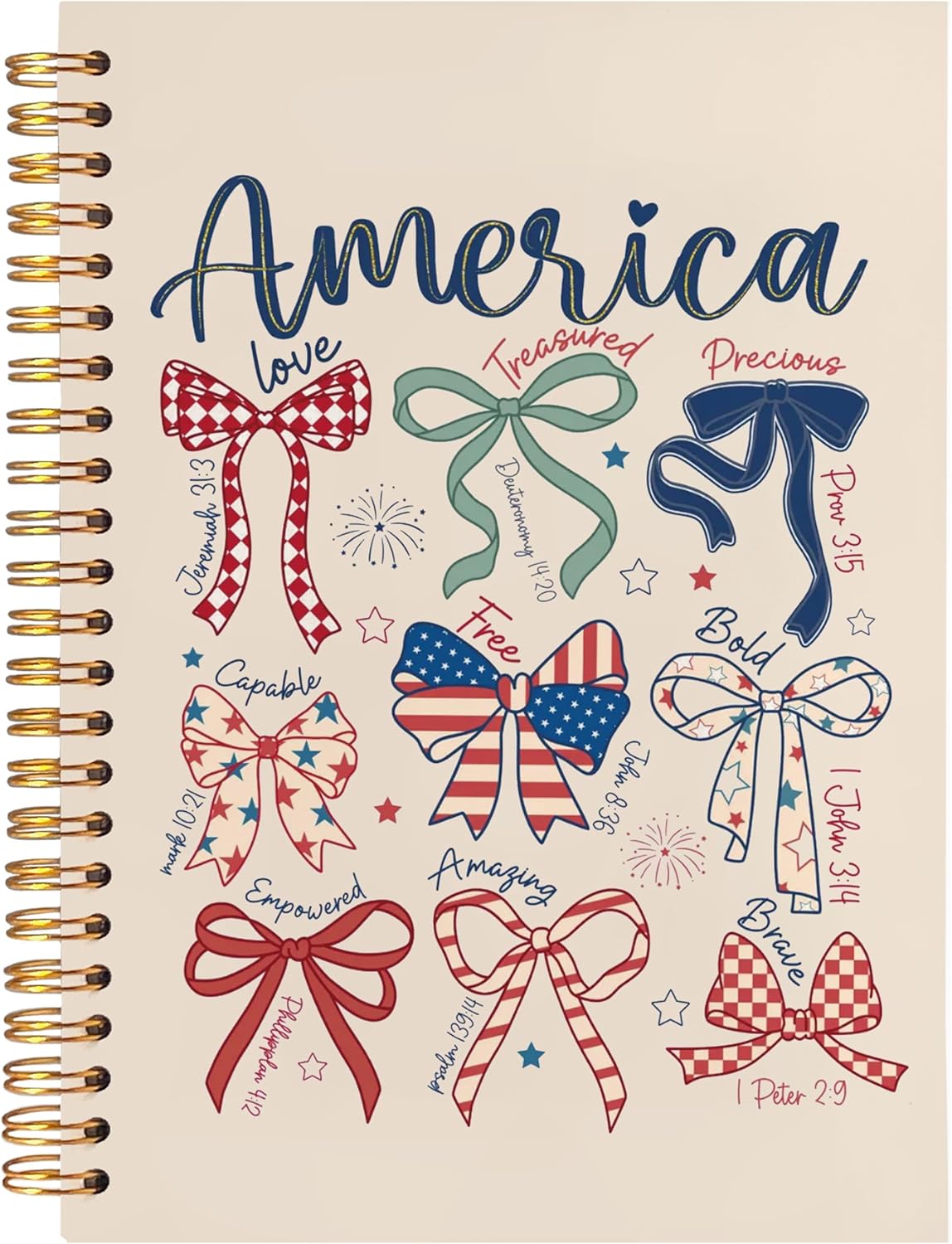 BearCake America Patriotic Christian Notebook Journal, Retro Coquette Red White Blue Bow Prayer Journal for Women, 4th of July Bow Religious Hardcover Spiral Notebook 5.5x8.3