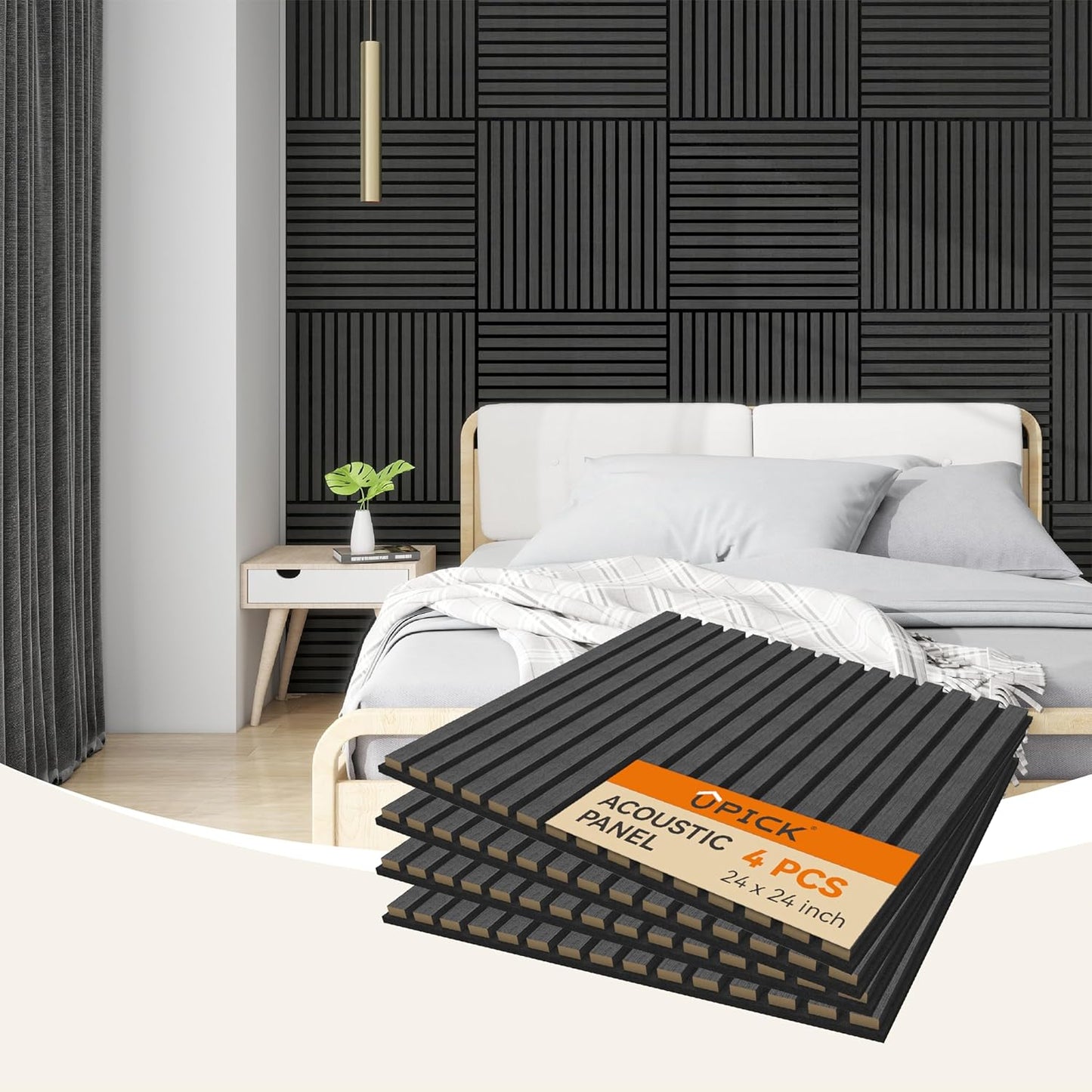 Upick MDF Acoustic Wall Panels Sound Absorbing, 4 Pack 24 x 24 inch Sound Proof Foam Wall Panels & Wood Slat Wall Panels for Interior Wall Decor (Matte Black)