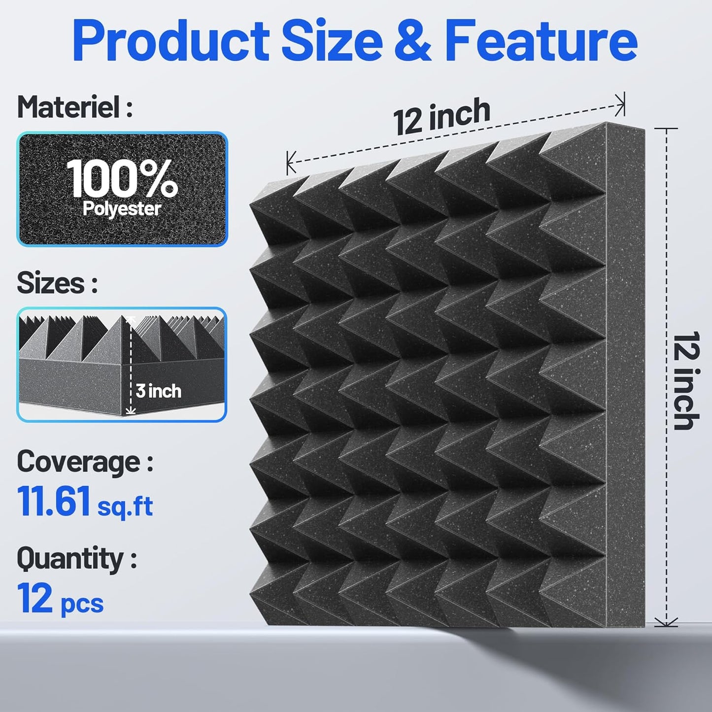 12 Pack Pyramid Sound Proof Foam Panels for Walls with Updated Self-Adhesive 3"X12"X12" High Density Acoustic Panels Sound Absorbing Fast-Expanding Soundproof Wall Panels for Gaming Studio Decor-Black