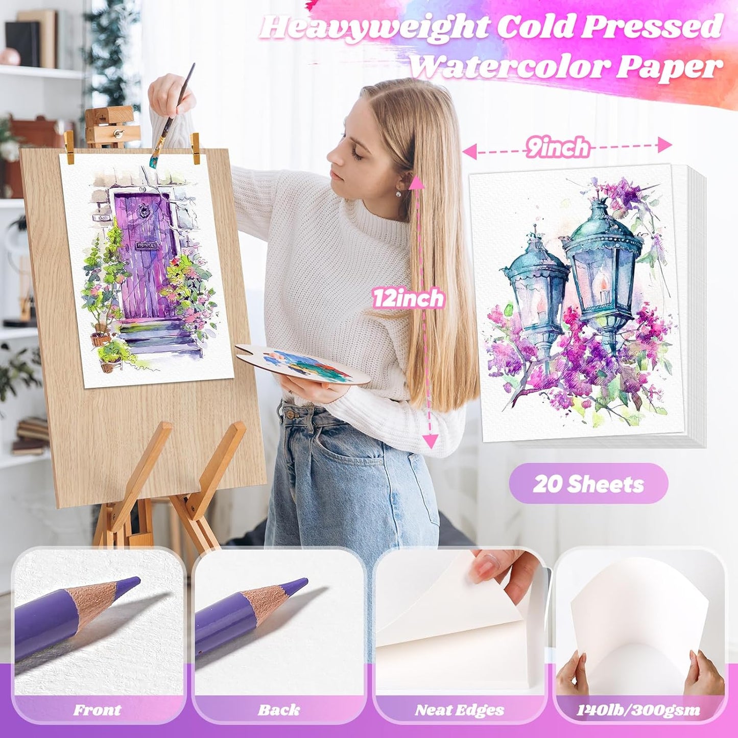 Watercolor Paper 9"x12", Christmas Gifts for Adults Teens Kids, Cold Press Water Color Paper, 140lb/300gsm Loose Art Drawing Paper for Acrylic Paints Markers Pencils Pens Oil Pastels Canvas Painting