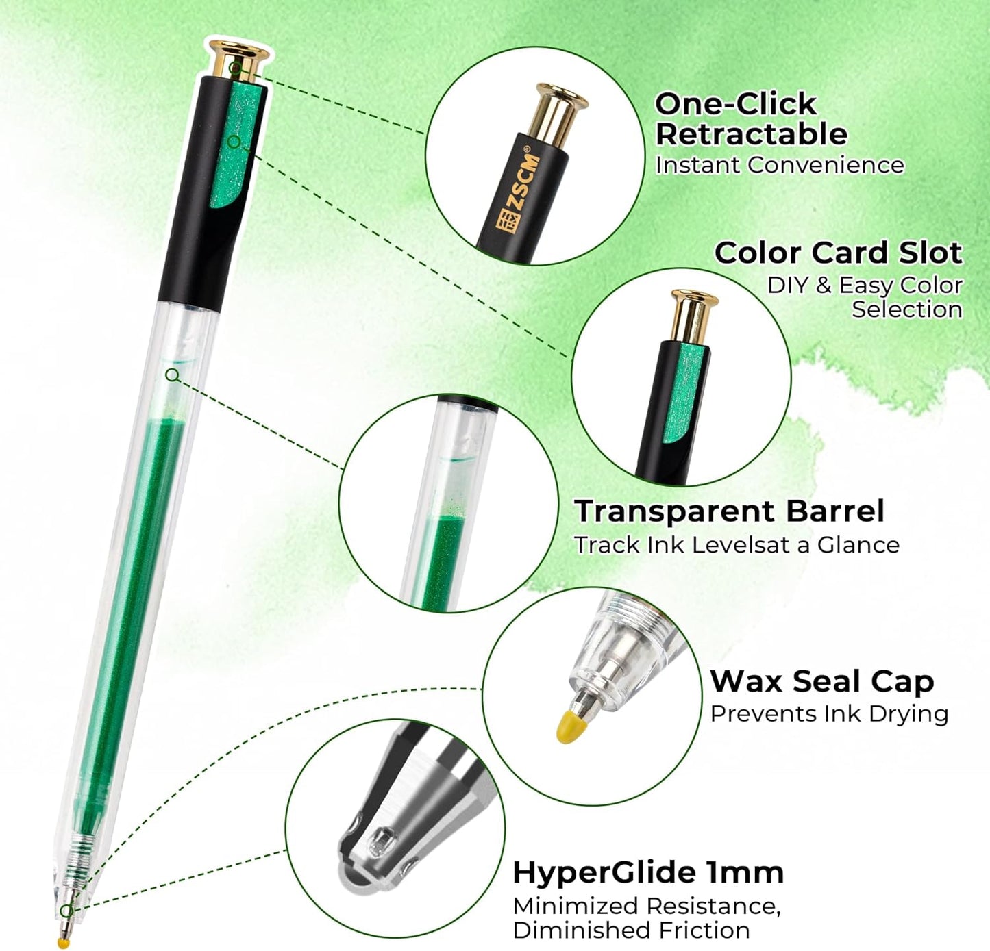 Retractable Glitter Gel Pens, 12 Colors Large Capacity Green Glitter Metallic Gel Ink Pen, 1 mm Fine Point Smooth Writing Color Pens for Adult Coloring Book Note Taking Aesthetic Art Supplies