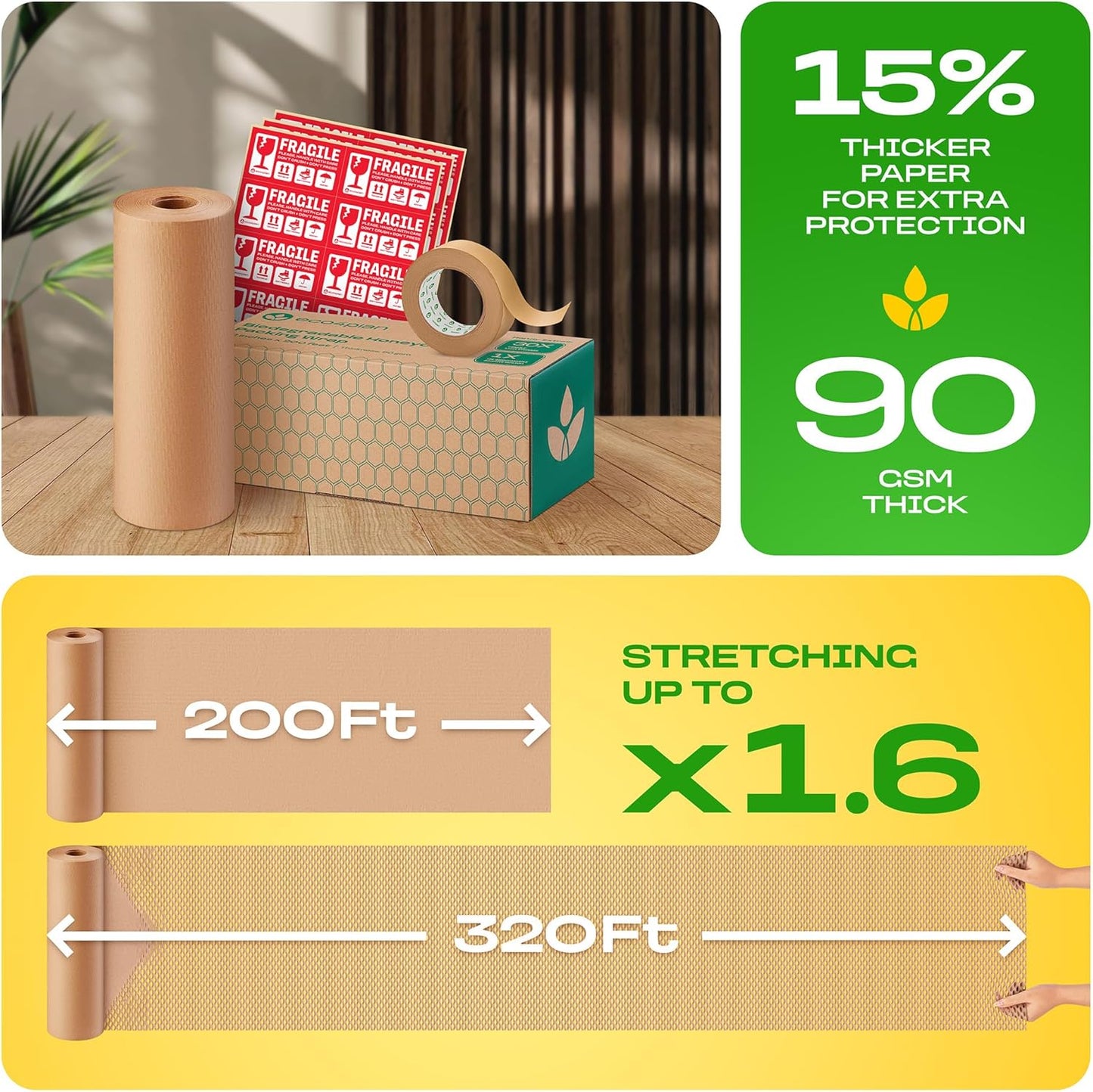 Honeycomb Packing Paper | Extra Thick 90 GSM Packing Wrap | Biodegradable Packing Materials: 12” x 200’ Moving Paper + 195’ Cellulose Adhesive Tape + 30 Fragile Stickers | Paper Bubble Wrap