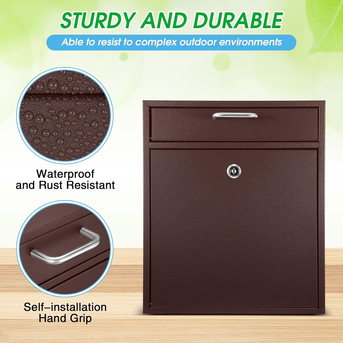 Locking Mailbox with Key for Outdoor 12 x 10.5 x 4.7 Inches Large Wall Mount Mail Box with Lock Security Mail Drop Metal Collection Boxes Hanging Secure Postbox(Brown)