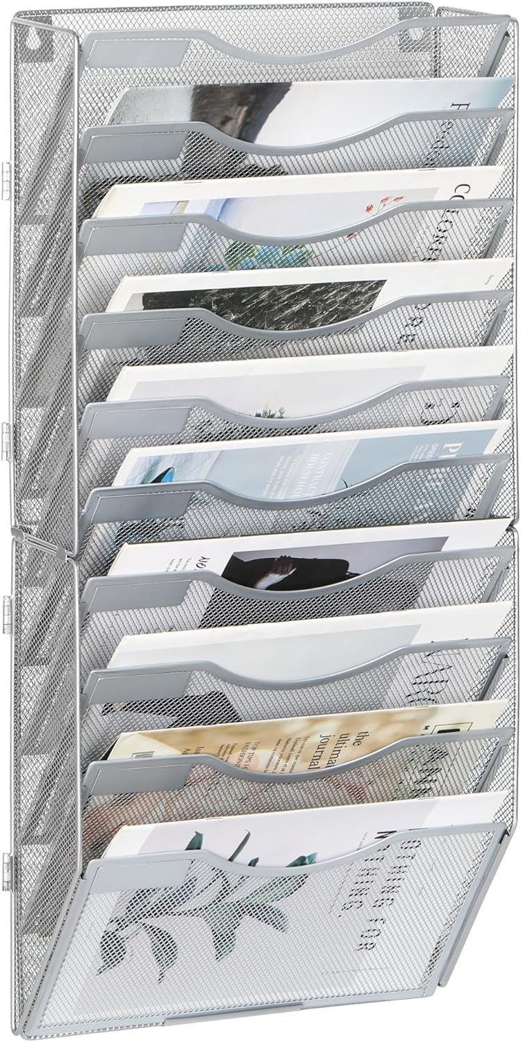EasyPAG Wall File Holder Organizer 10 Pocket Mesh Hanging Wall Mounted Document Paper Folder Filing Magazine Rack with Nametag Label for Office Home School, Sliver