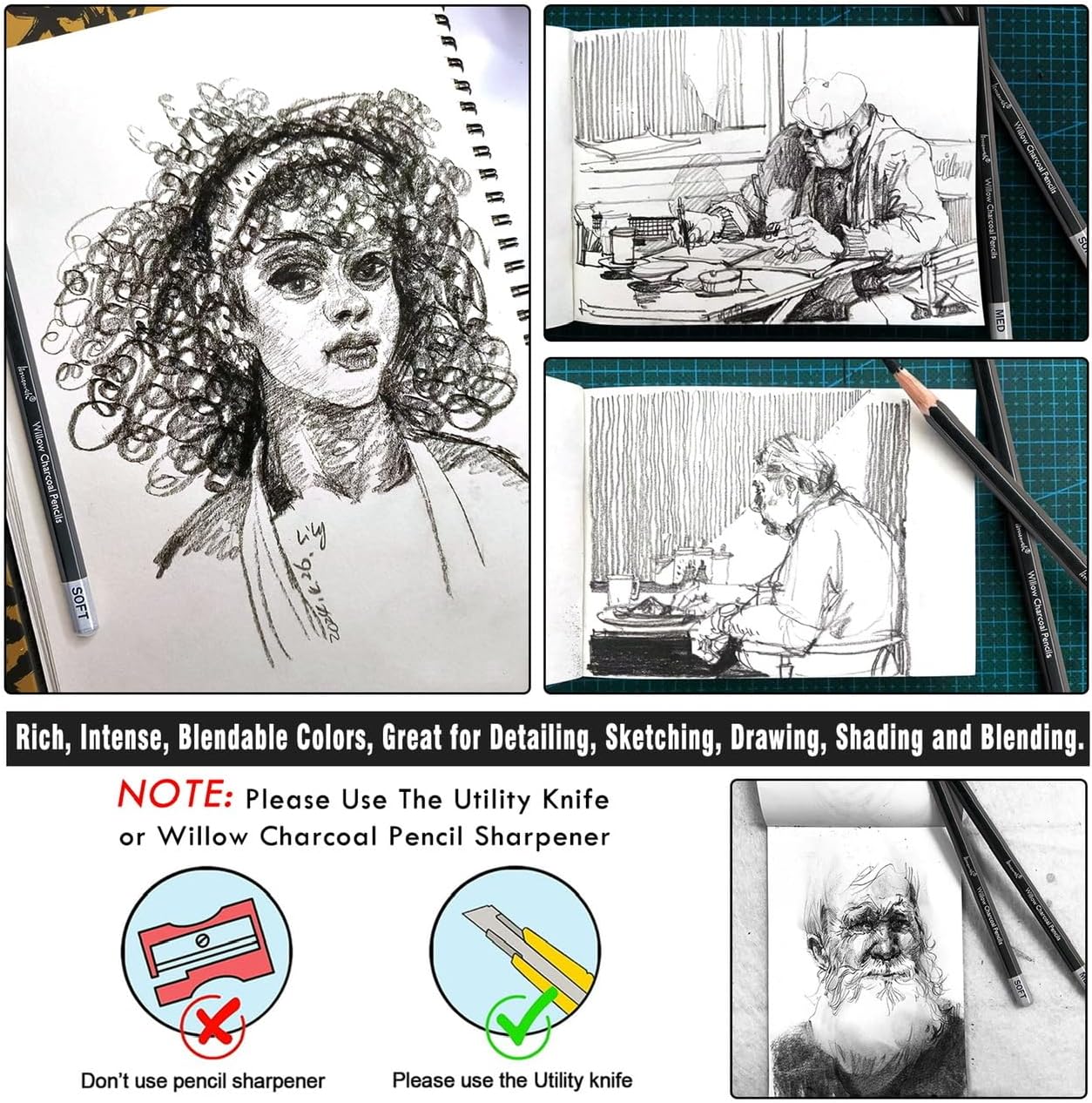 Professional Charcoal Pencils Drawing Set - 8 Pieces Soft Medium and Hard Willow Charcoal Pencils for Drawing, Sketching, Shading