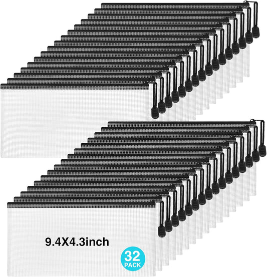 Jetec 32 Pcs Mesh Zipper Bags Toy Storage Bikini Organizer Bag Bolsas Para Guardar Trajes De Baño Waterproof Zipper Reusable Pouch Puzzle Multipurpose for Storage Office(Black,9.5 x 4.5 Inch)