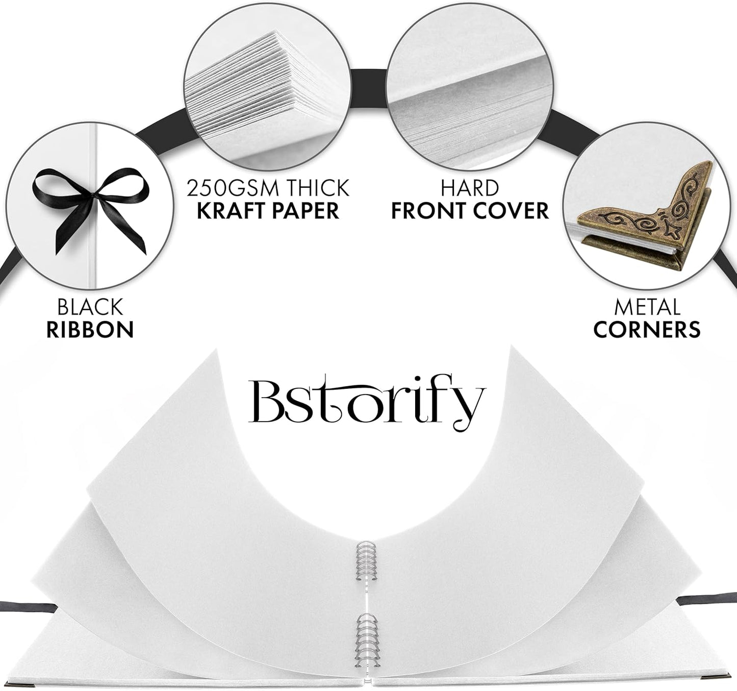 Bstorify Square Scrapbook Photo Albums 80 Pages (28 x 28 cm) White Thick Paper, Hardcover, Metal Corners, Ribbon Closure - Ideal for Your Scrapbooking Albums, Art & Craft Projects