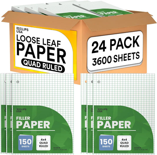 Graph Paper, Loose Leaf Graph Paper, 4 x 4 An Inch Quad Ruled Graph Paper, 10.5” x 8” Graphing Paper, 56 gsm, 150 Per Pack, 3600 Sheets (24 Pack)