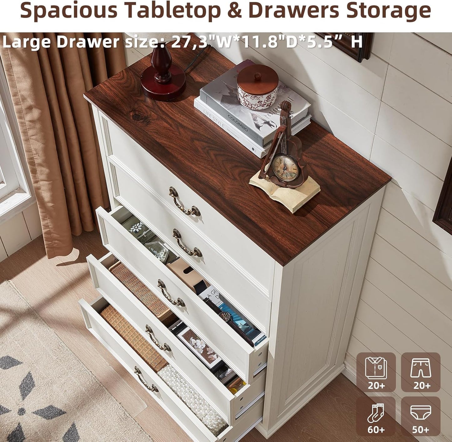 Farmhouse 5 Drawer Dresser Set of 2 for Bedroom, 45" Tall Rustic Chests of Drawers w/ 4 Solid Wood Feet, Mid Century Vintage Wooden Closet Storage Dressers Organizer for Living Room, White