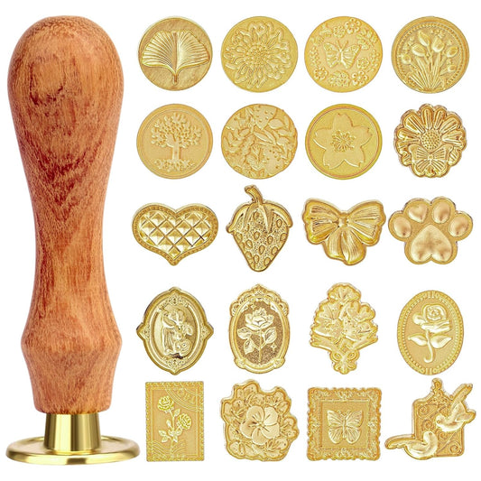 21 Pcs Wax Seal Stamp Kit, Vintage Classic Brass Wax Stamp Seal Head with Wooden Handle for Wedding Party Invitation Greeting Cards Envelopes Gift Wrapping Letter