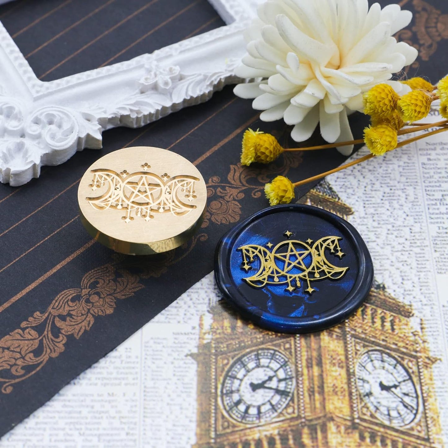 SWANGSA Triple Moon Goddess Wax Seal Stamp, 30mm Vintage Brass Head Sealing Stamp for Halloween, Christmas, Invitations, Wine Packages, Gift Idea