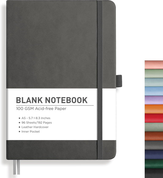 RETTACY Blank Journal Notebook, 192 Pages, A5 Medium Size (5.7'' x 8.3''), Leather Hardcover, 100 GSM Thick Paper, for Sketching, Drawing, Painting (Gray)