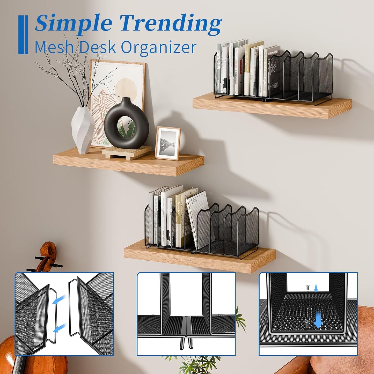 Simple Trending Mesh Desktop File Sorter Organizer, 7 Section Bookshelf For Desk Home Office, Black