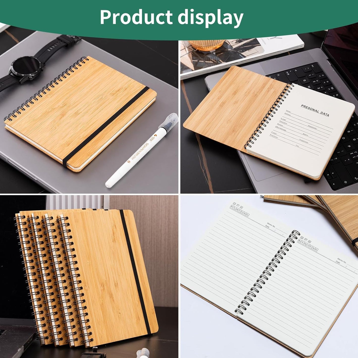 4 Set Lined Bamboo Journal Notebook,80 Pages,5.3”*7.2”,Hardcover Executive Notebooks,Daily Journal Notebook for Work,Travel,School,Note Taking,College (4)