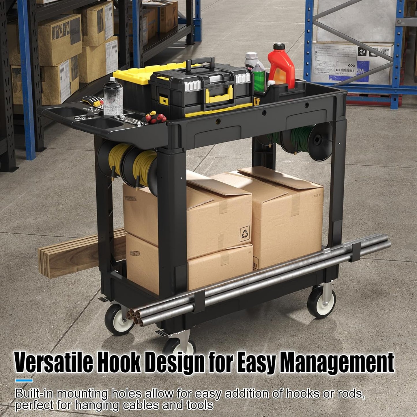 2 Tier Plastic Rolling Cart Utility Cart on Wheels, Heavy Duty Tool Carts with Ergonomic Storage Handle and Deep Shelfs, Work Cart Service Cartss for Garage, Warehouse, Workshop, Office, Cleaning