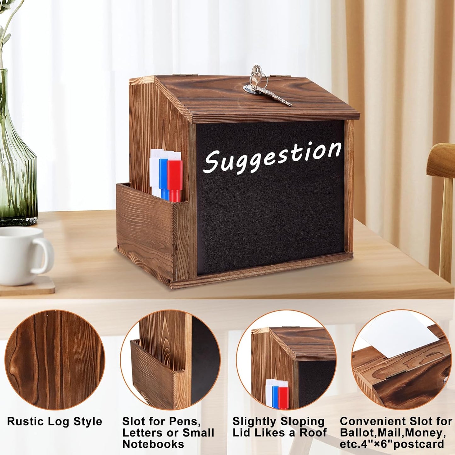 Wood Suggestion Box with Slot and Lock,Wooden Tip Money Drop Donation Boxes For Saving Fundraising,Prayer Ballot Comment Box Countertop Wall Mounted with Chalkboard and Keys for Church,Wedding
