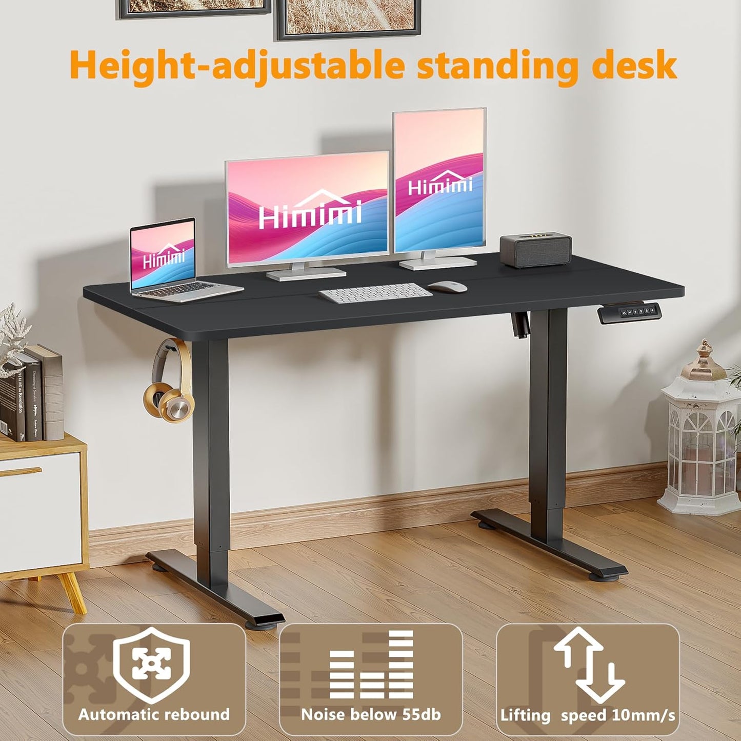 Himimi Electric Standing Desk 48 x 24 inch for Home Office,Sit-Stand Adjustable Desk with Memory Presets,Height Adjustable Desk for Gaming/Working,Free Hook, Lockable Wheels,Black