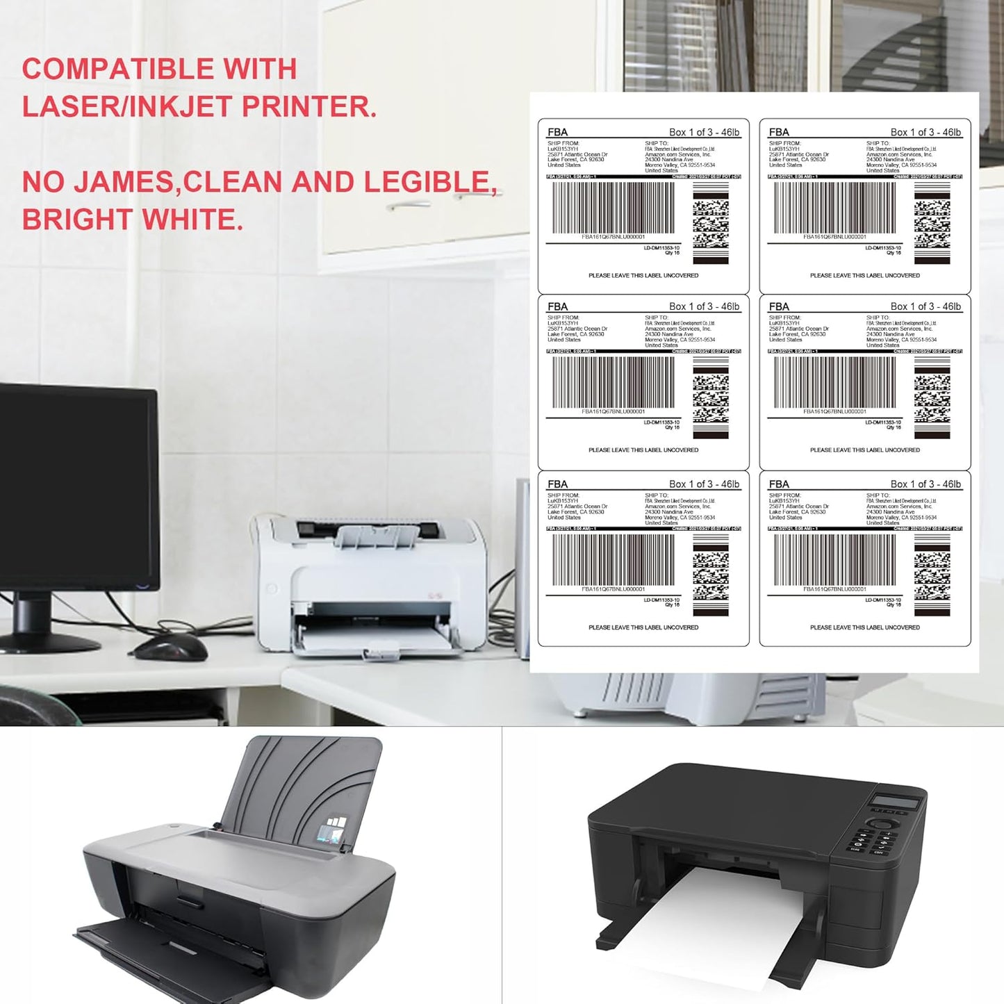 L LIKED 3-1/3" x 4" 600 Labels, Printable White Sticker Labels, Laser/Inkjet Printing - Matte, 100 Sheets
